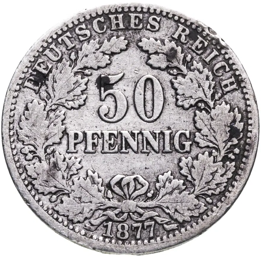 Германия 50 пфеннигов (pfennig) 1877 H Венок на аверсе знак монетного двора: "H" - Дармштадт