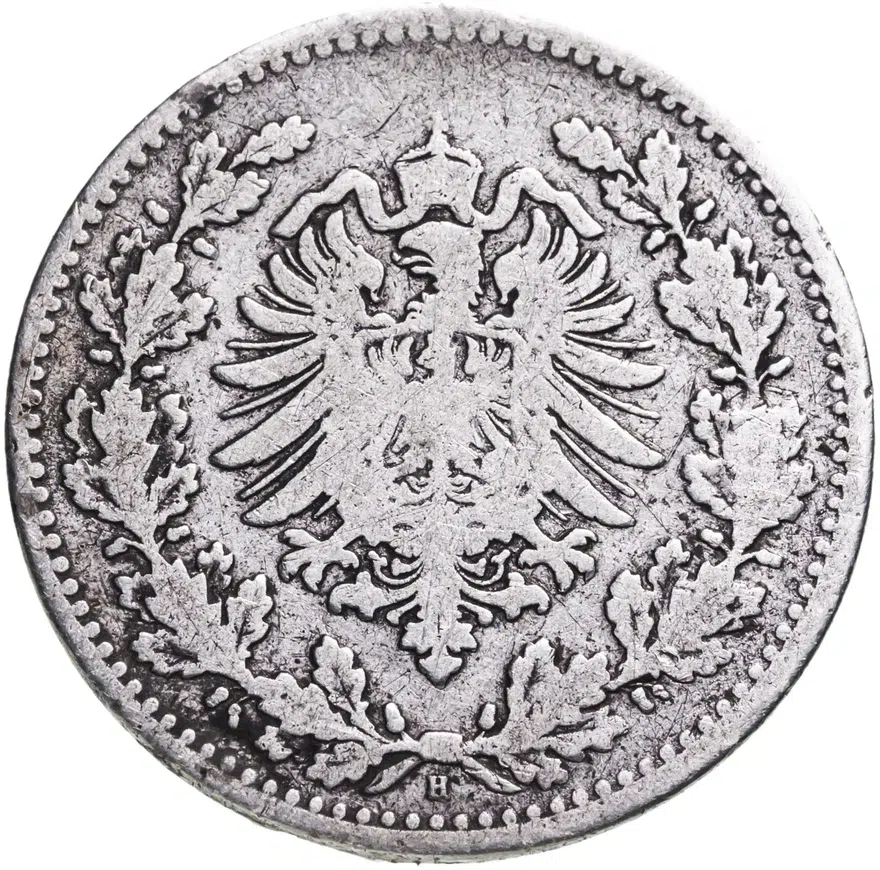 Германия 50 пфеннигов (pfennig) 1877 H Венок на аверсе знак монетного двора: "H" - Дармштадт, реверс