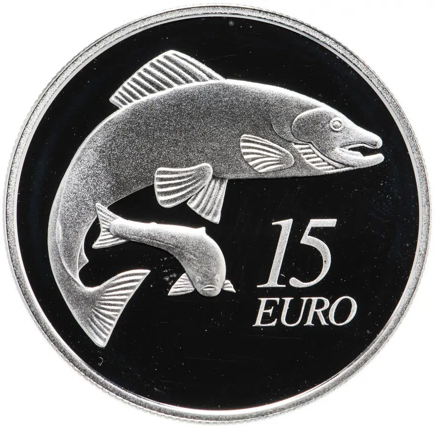 Ирландия 15 euro (евро) 2011 "Лосось" в футляре, с сертификатом, реверс