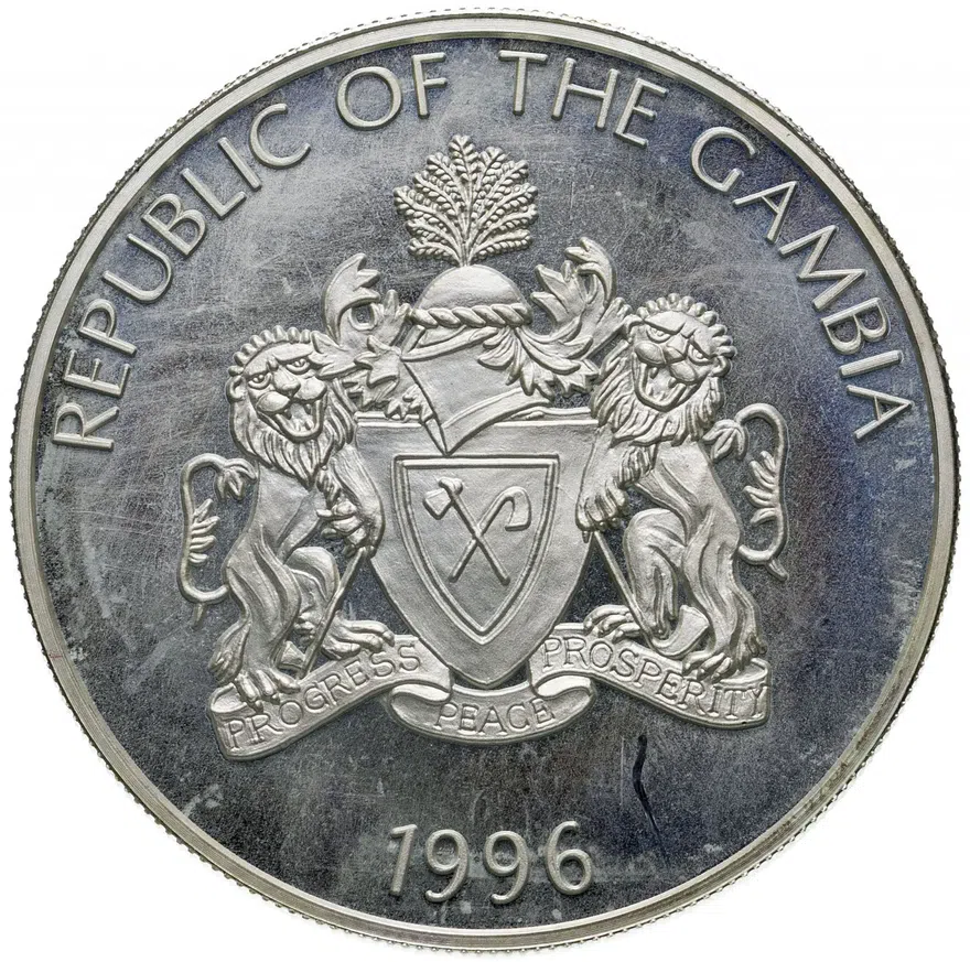 Гамбия 20 даласи (dalasis) 1996  Чемпионат мира по футболу 1998, реверс