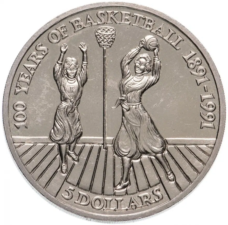 Ниуэ 5 долларов (dollars) 1991   100 лет баскетболу