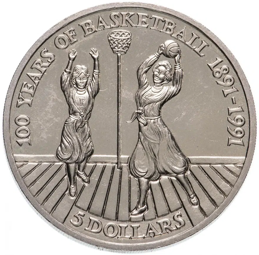Ниуэ 5 долларов (dollars) 1991   100 лет баскетболу, реверс