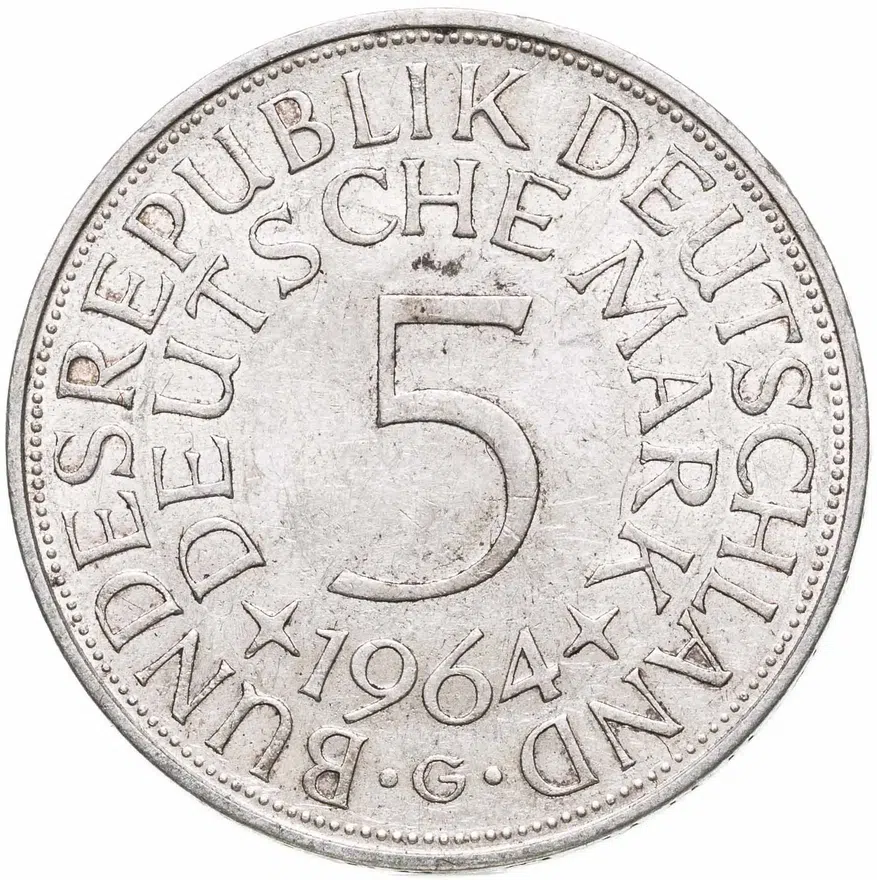 Германия 5 марок 1964 Отметка монетного двора: "G" - Карлсруэ