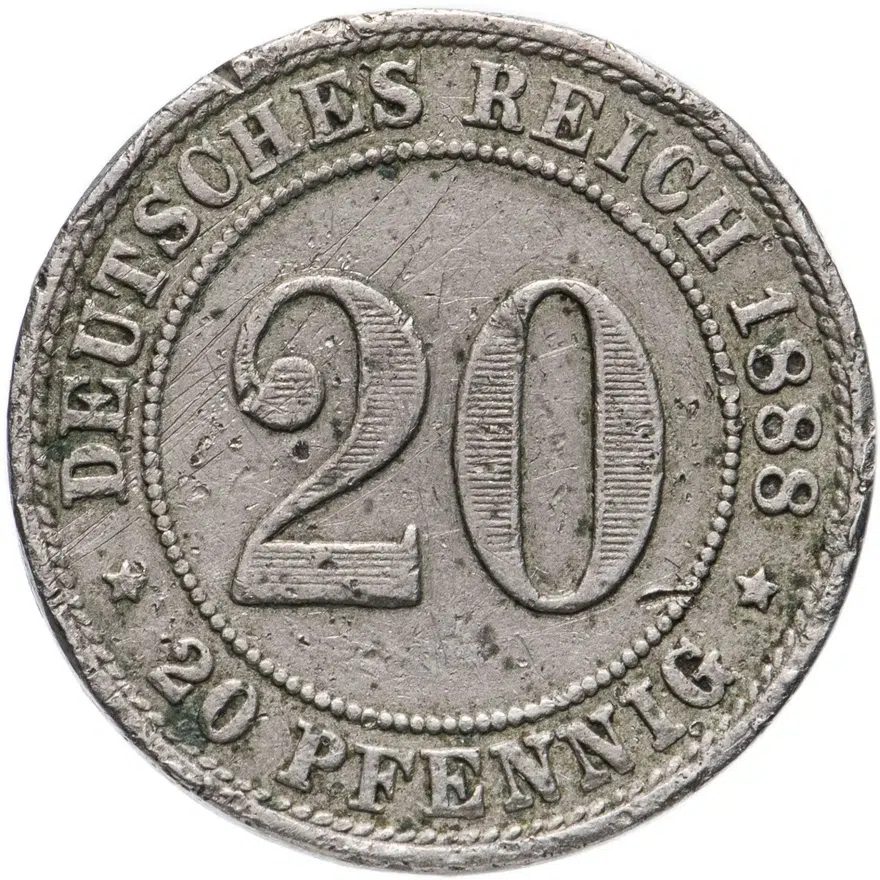 Германия 20 пфеннигов (pfennig) 1888 A знак монетного двора: "A" - Берлин, реверс