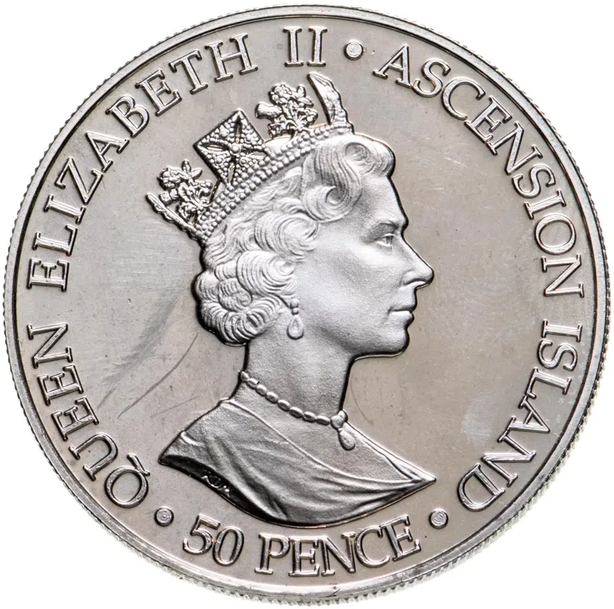 Остров Вознесения 50 пенсов (pence) 2003  50 лет коронации Елизаветы II /корона, скипетр, держава/, реверс