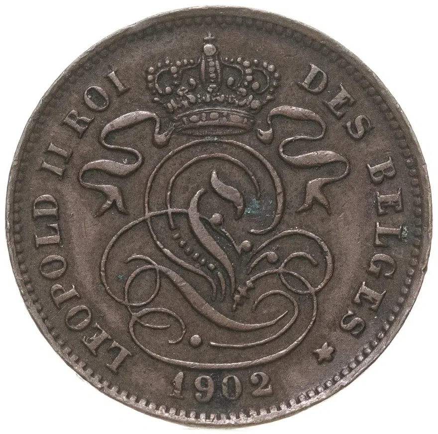 Бельгия 2 сантима (centimes) 1902  Надпись на французском - 'DES BELGES'