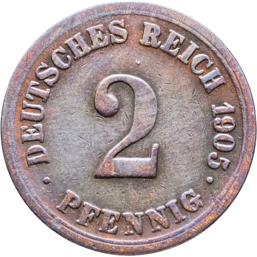 Германия 2 пфеннига (pfennig) 1905 A  знак монетного двора: "A" - Берлин, аверс
