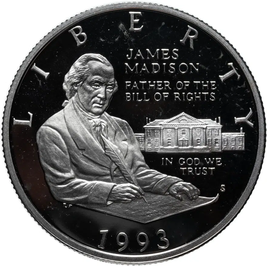 США 50 центов (1/2 доллара, half dollar) 1993 S James Madison and the Bill of Rights (Джеймс Мэдисон и Билль о правах) знак монетного двора "S" - Сан-Франциско