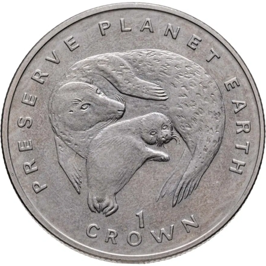 Остров Мэн 1 крона (crown) 1994  Заповедник планета Земля - Тюлени, аверс