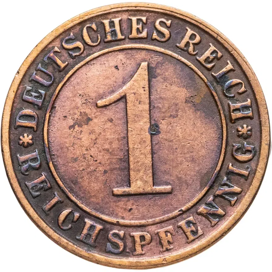 Германия 1 рейхспфенниг (reichspfennig) 1925 E  знак монетного двора "E" — Мульденхюттен