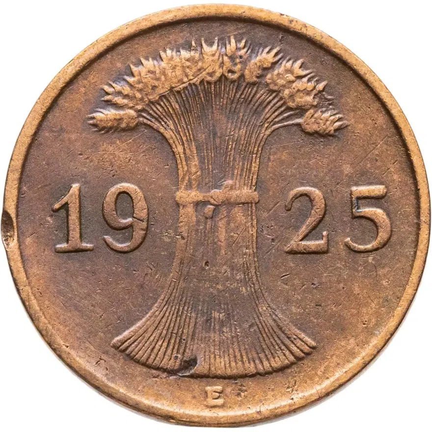 Германия 1 рейхспфенниг (reichspfennig) 1925 E  знак монетного двора "E" — Мульденхюттен, реверс