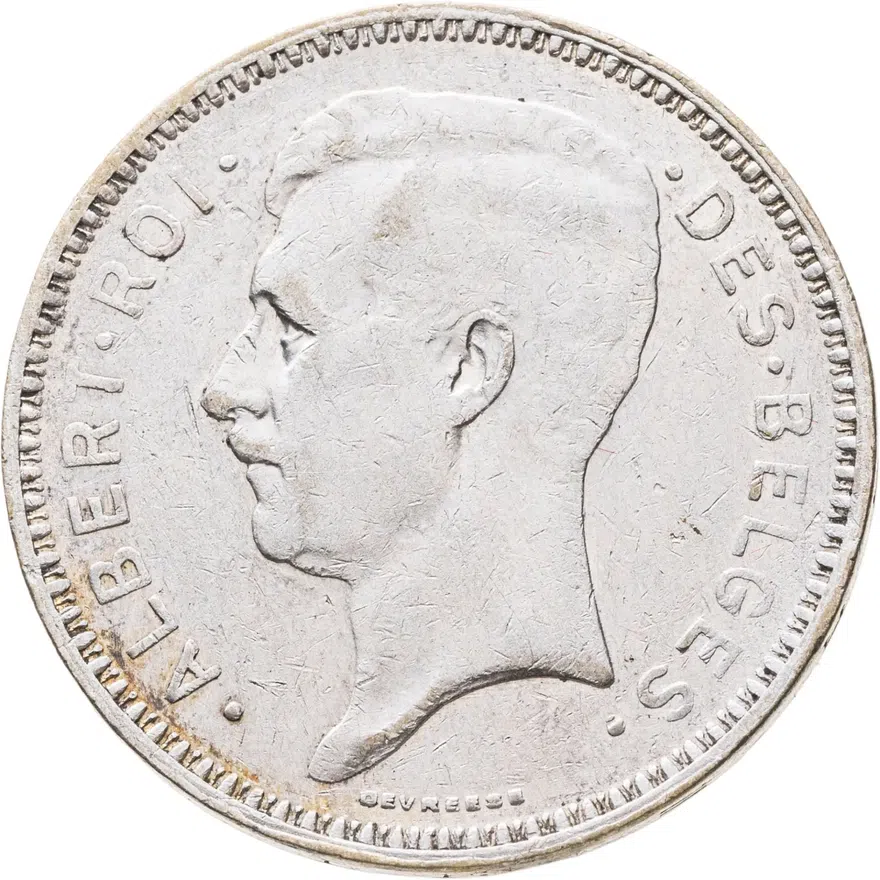 Бельгия 20 франков (francs) 1934  Надпись на французском - 'ALBERT ROI DES BELGES' Монетное отношение аверс/реверс (180°)
