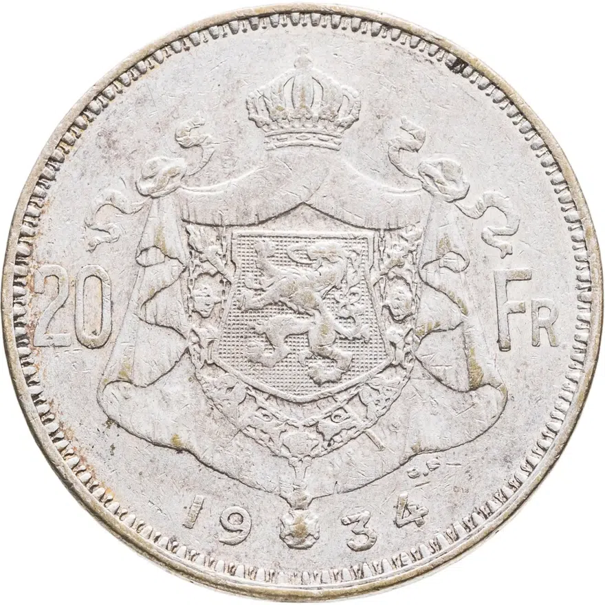 Бельгия 20 франков (francs) 1934  Надпись на французском - 'ALBERT ROI DES BELGES' Монетное отношение аверс/реверс (180°), реверс