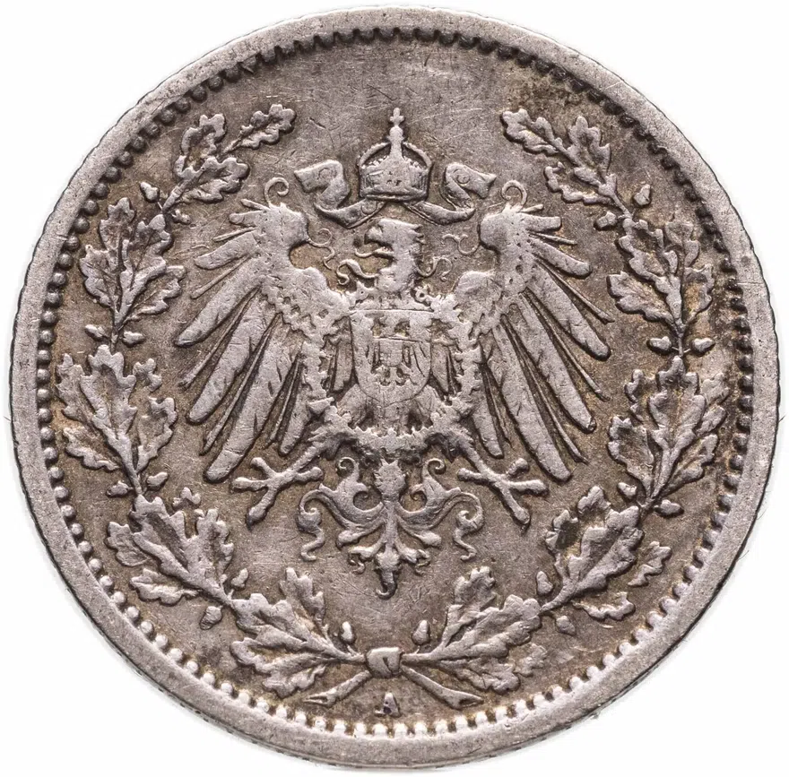 Германия 1/2 марки (mark) 1911 знак монетного двора: "A" - Берлин, реверс