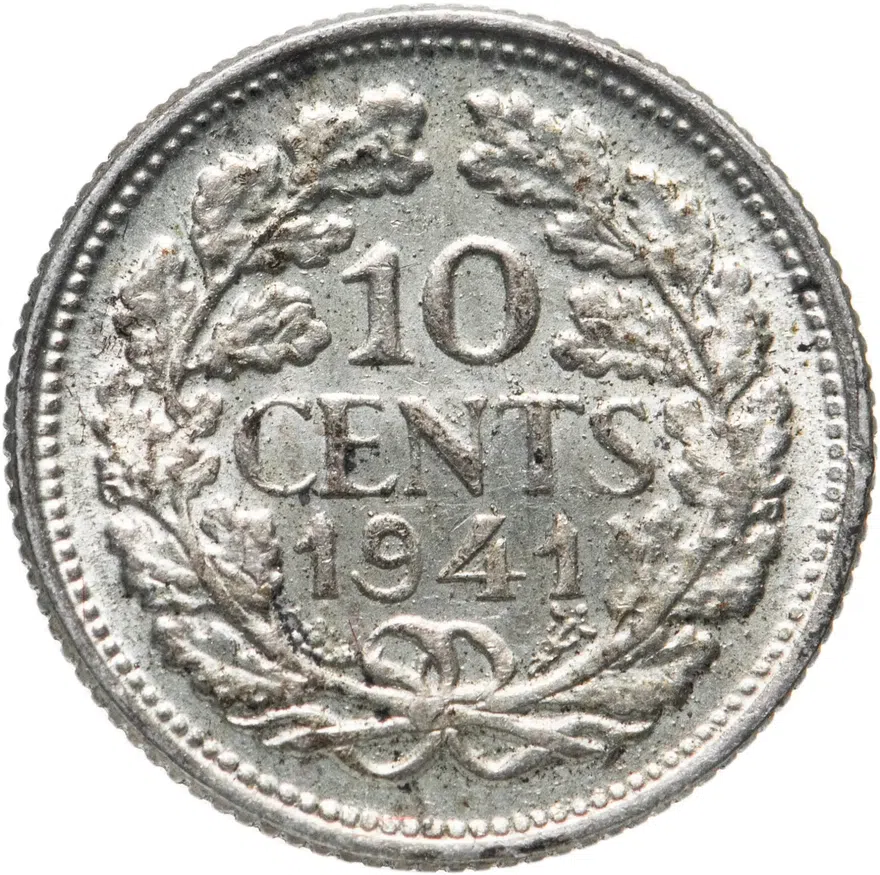 Нидерланды 10 центов (cents) 1941   серебро (портрет на аверсе), аверс