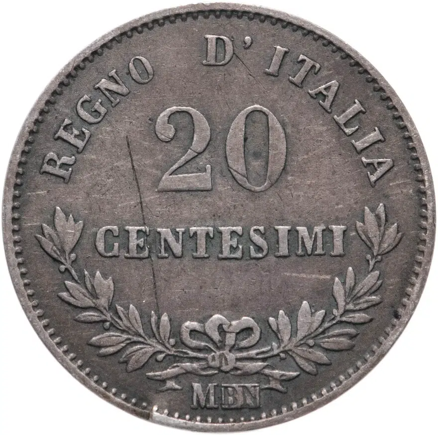Италия 20 чентезимо (centesimi) 1863 M  знак монетного двора: "M" - Милан