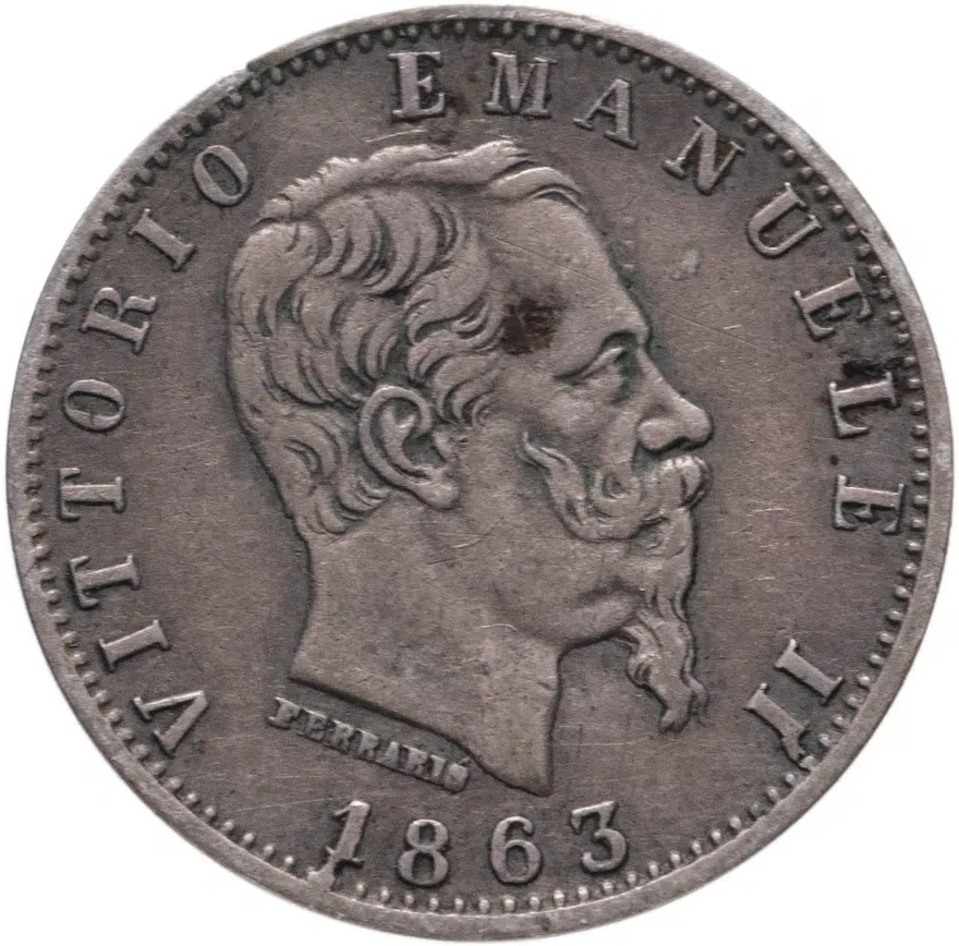 Италия 20 чентезимо (centesimi) 1863 M  знак монетного двора: "M" - Милан, реверс