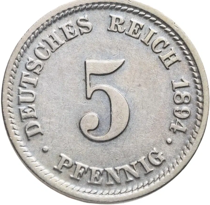 Германия 5 пфеннигов (pfennig) 1894 D  знак монетного двора: "D" - Мюнхен, аверс