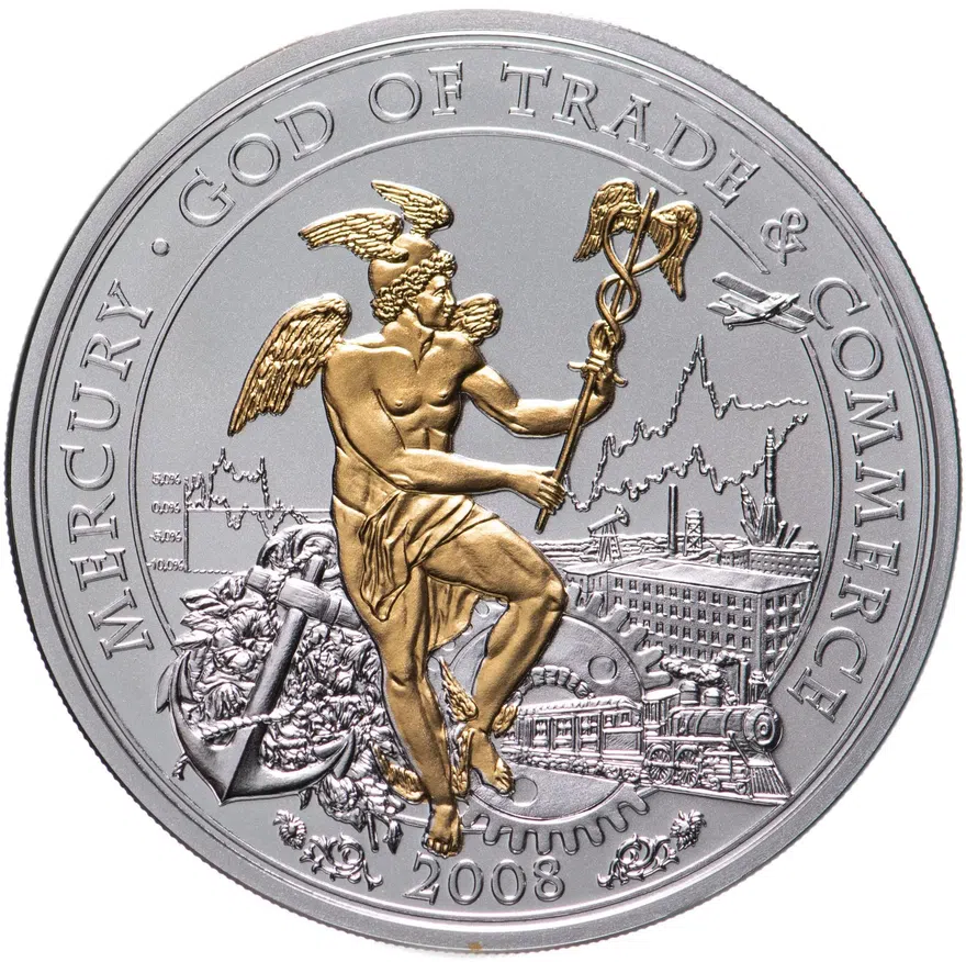 Острова Кука 10 долларов 2008 года "Меркурий - Бог торговли", в футляре, аверс