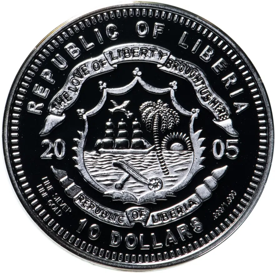 Либерия 10 долларов (dollars) 2005  Иберийская рысь - Испания. С позолотой, реверс