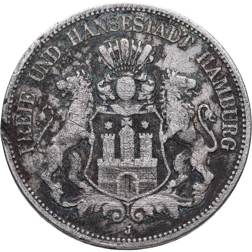 Германия (Империя) 5 марок (mark) 1875 J Гамбург