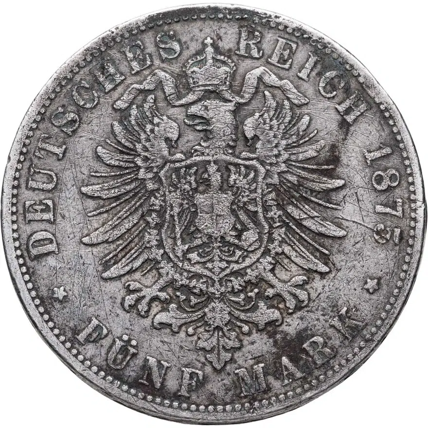 Германия (Империя) 5 марок (mark) 1875 J Гамбург, реверс