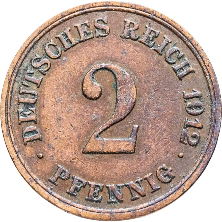 Германия 2 пфеннига (pfennig) 1912 E  знак монетного двора: "E" - Мульденхюттен, аверс