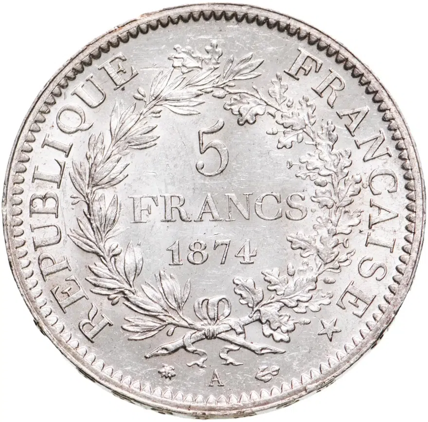 Франция 5 франков (francs) 1874 A Геркулес знак монетного двора: "A" - Париж