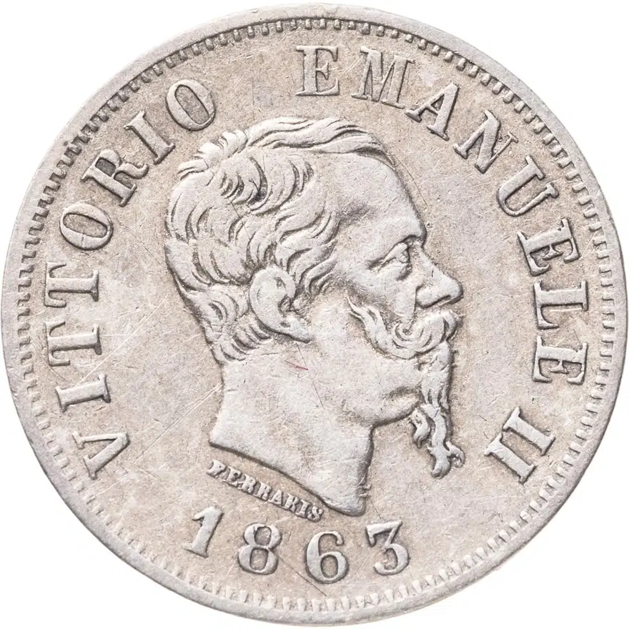 Италия 50 чентезимо (centesimi) 1863 номинал на реверсе, знак монетного двора: "M" - Милан, аверс