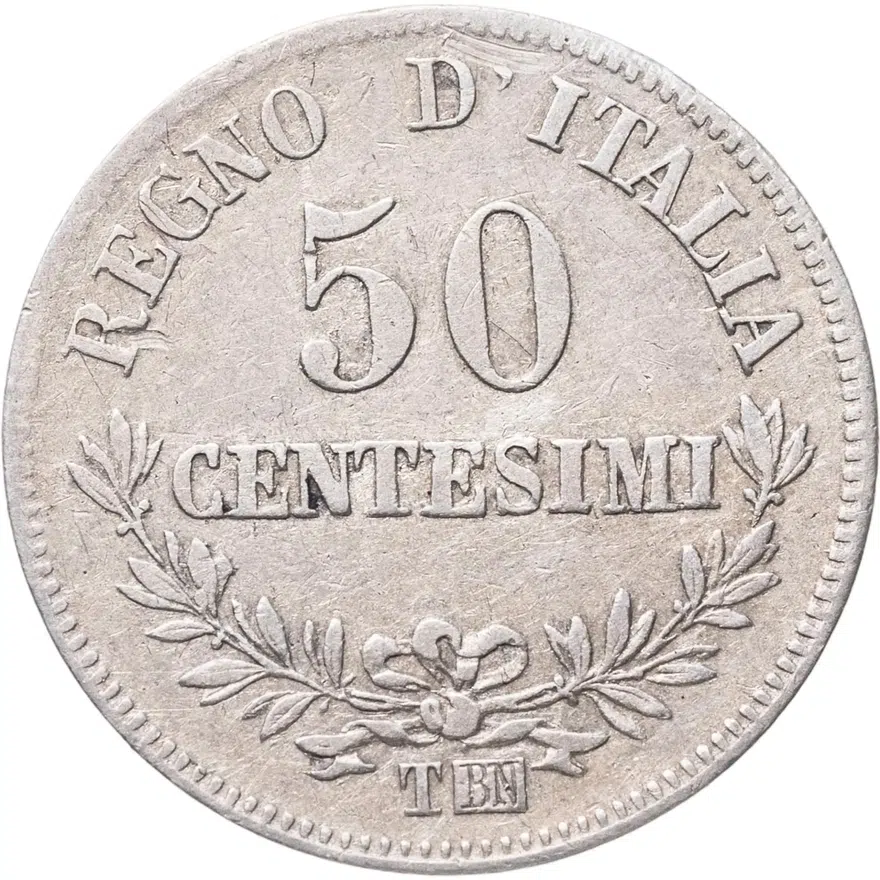 Италия 50 чентезимо (centesimi) 1863 номинал на реверсе, знак монетного двора: "M" - Милан, реверс