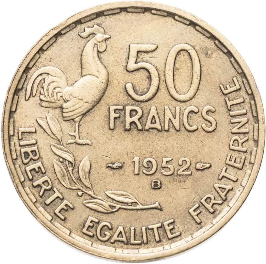 Франция 50 франков (francs) 1952 B  знак монетного двора: "B" - Бомон-ле-Роже