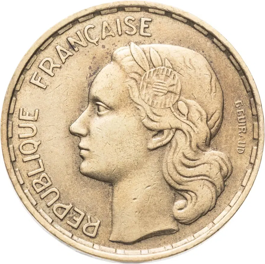 Франция 50 франков (francs) 1952 B  знак монетного двора: "B" - Бомон-ле-Роже, реверс
