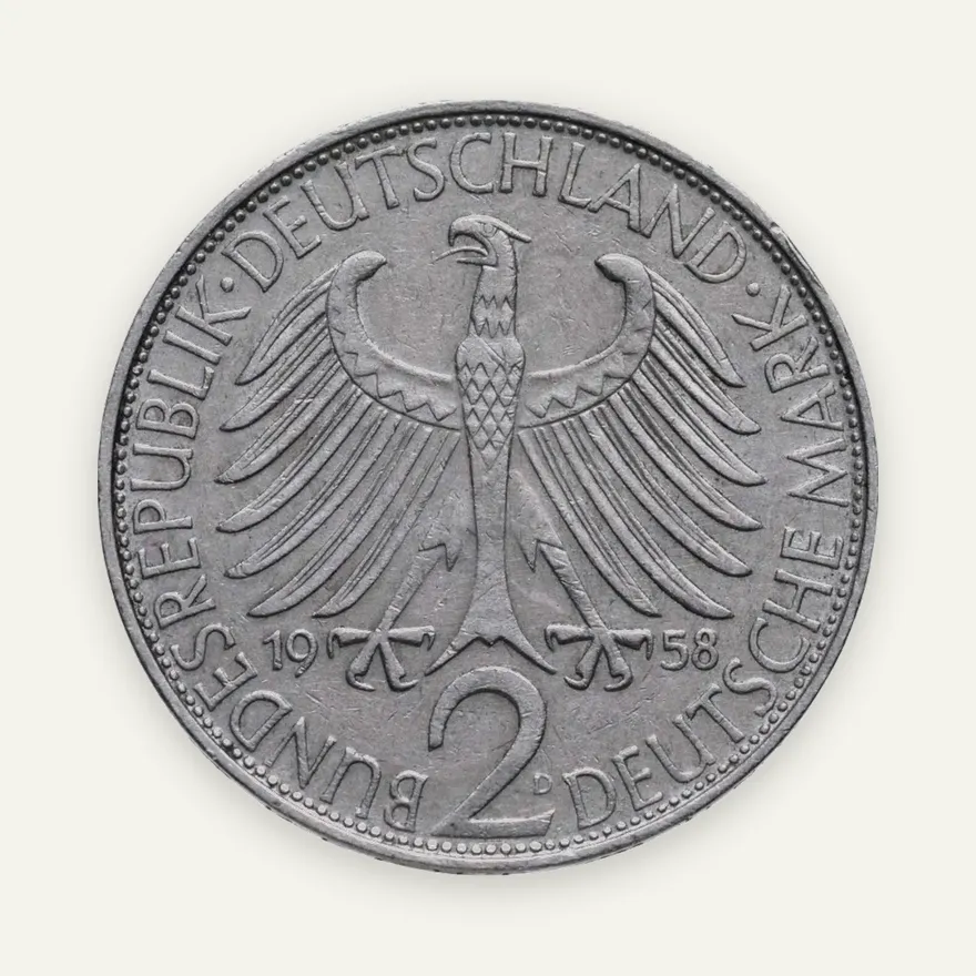 Германия (ФРГ) 2 марки 1958 Макс Планк знак монетного двора: "D" - Мюнхен