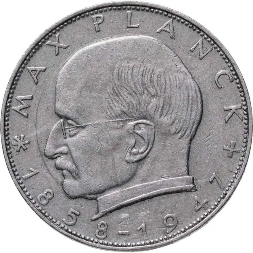 Германия (ФРГ) 2 марки 1958 Макс Планк знак монетного двора: "D" - Мюнхен, реверс
