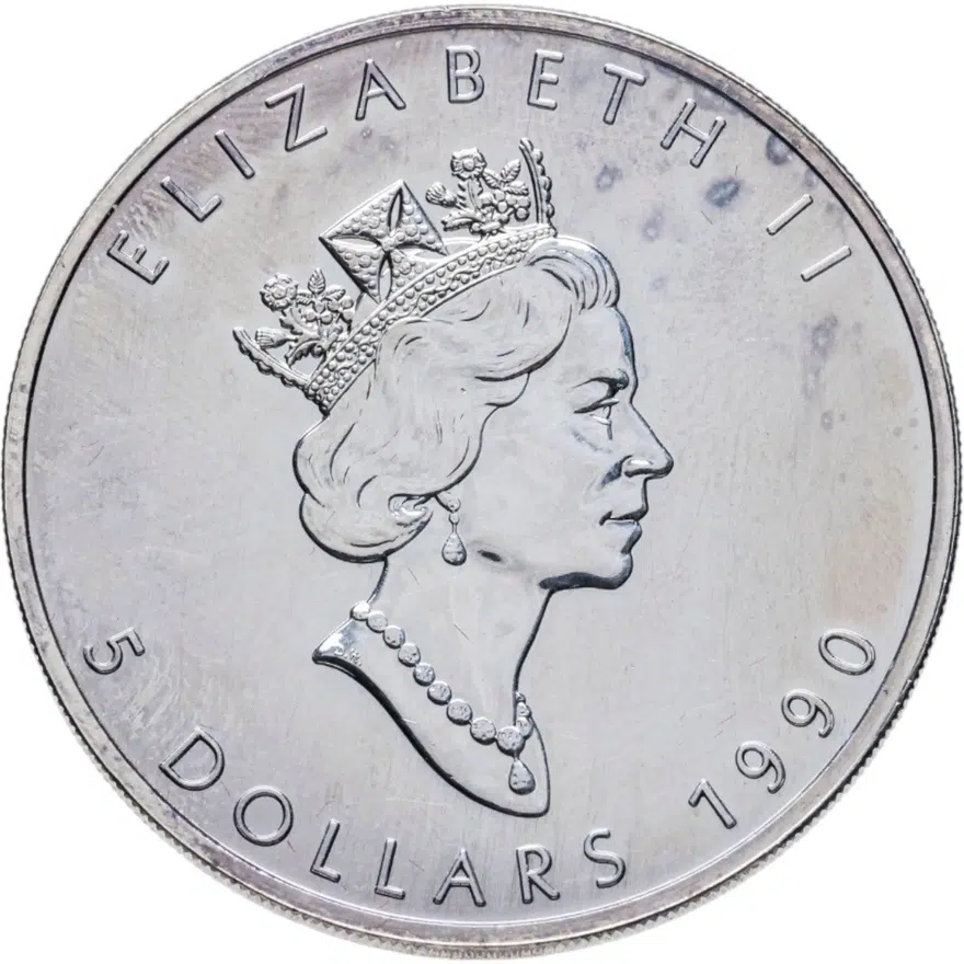 Канада 5 долларов (dollars) 1990  Кленовый лист, аверс