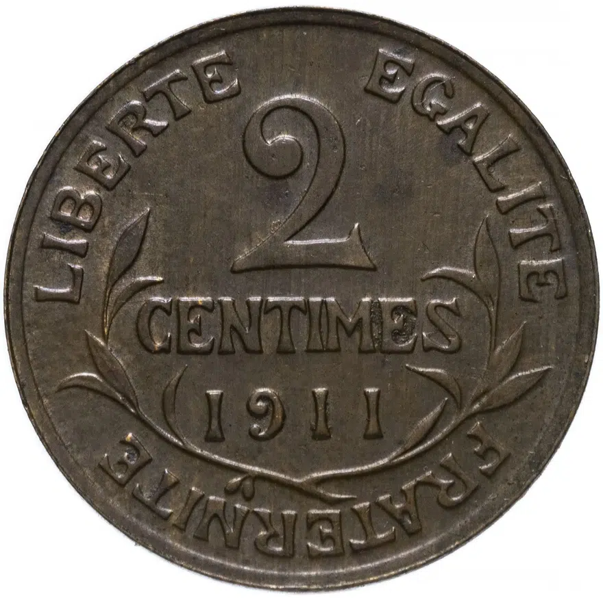 Франция 2 сантима (centimes) 1911, реверс