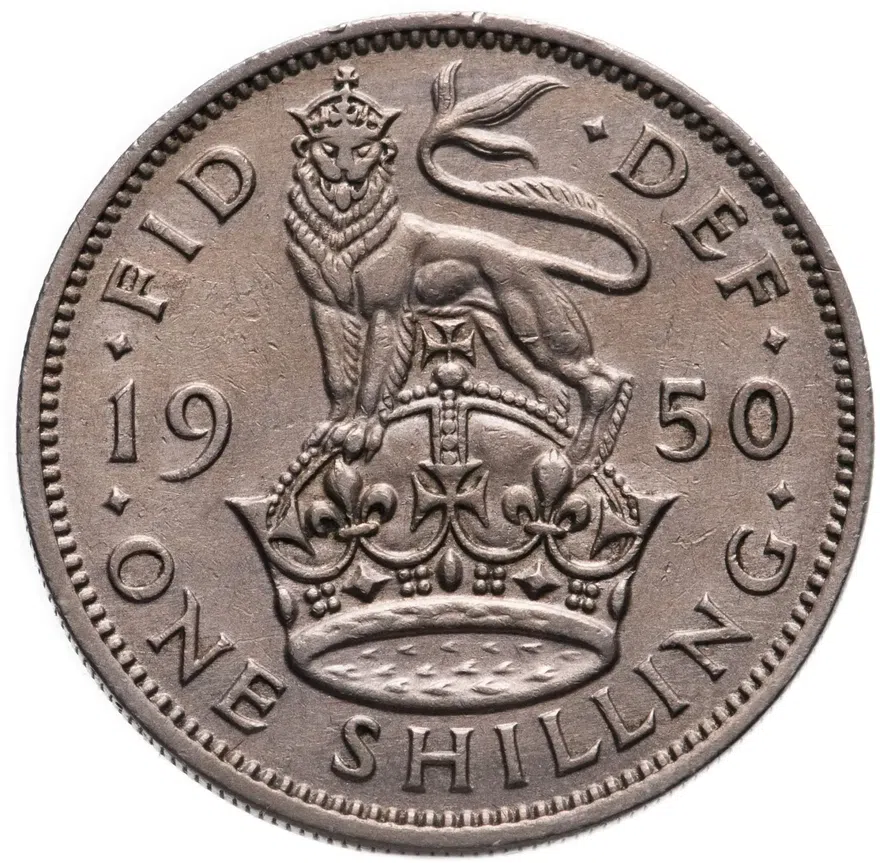 Великобритания 1 шиллинг (shilling) 1950  Английский шиллинг - лев, стоящий на короне, реверс