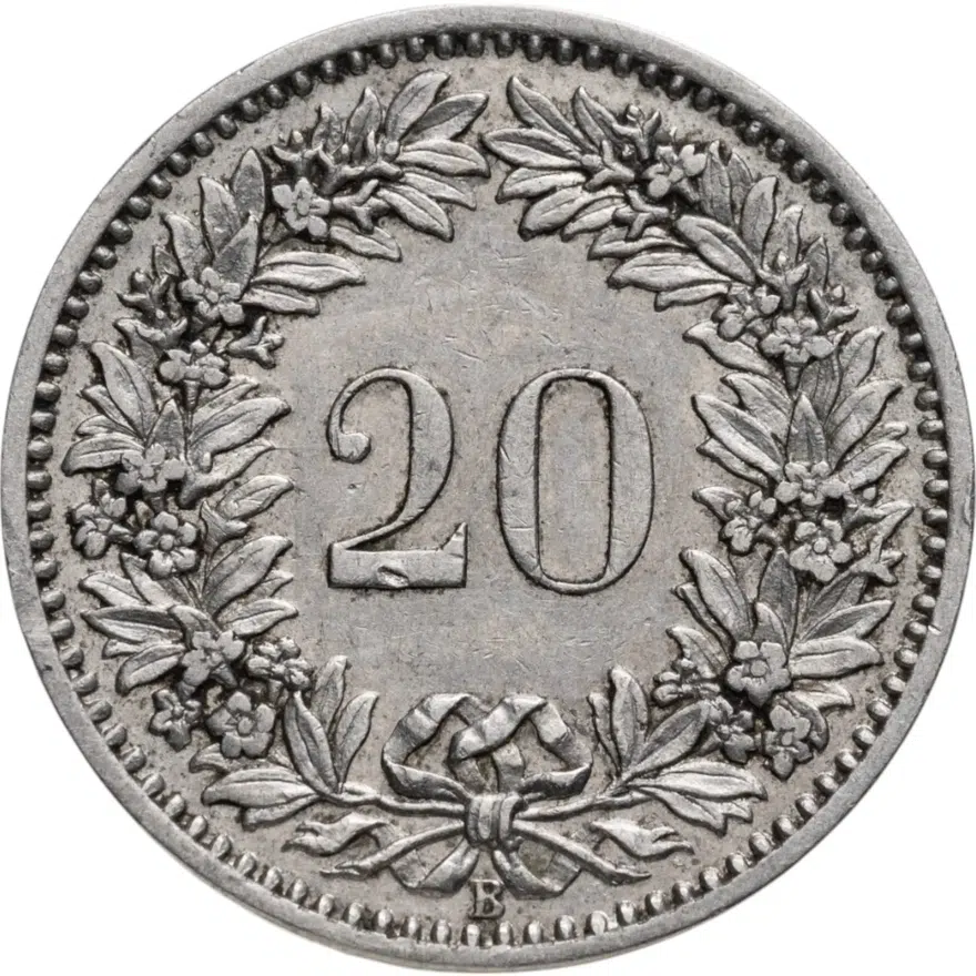 Швейцария 20 раппенов (rappen) 1883, реверс