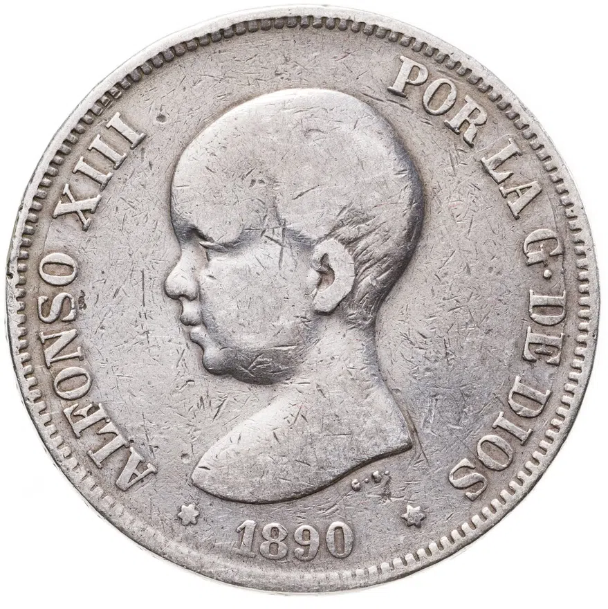 Испания 5 песет (pesetas) 1890 Буквы МР и М на реверсе