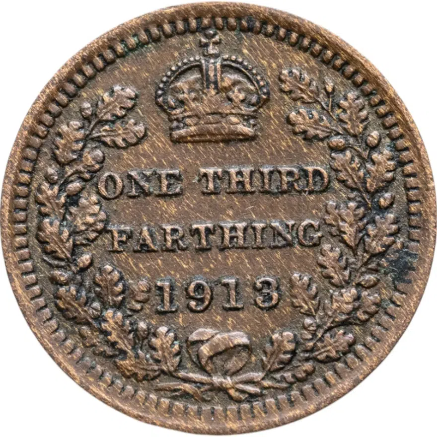Великобритания 1/3 фартинга (farthing) 1913, реверс
