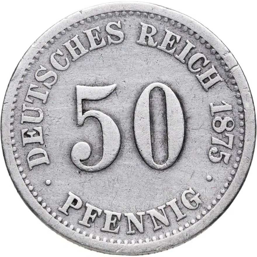 Германия 50 пфеннигов (pfennig) 1875 F  знак монетного двора: "F" - Штутгарт, аверс
