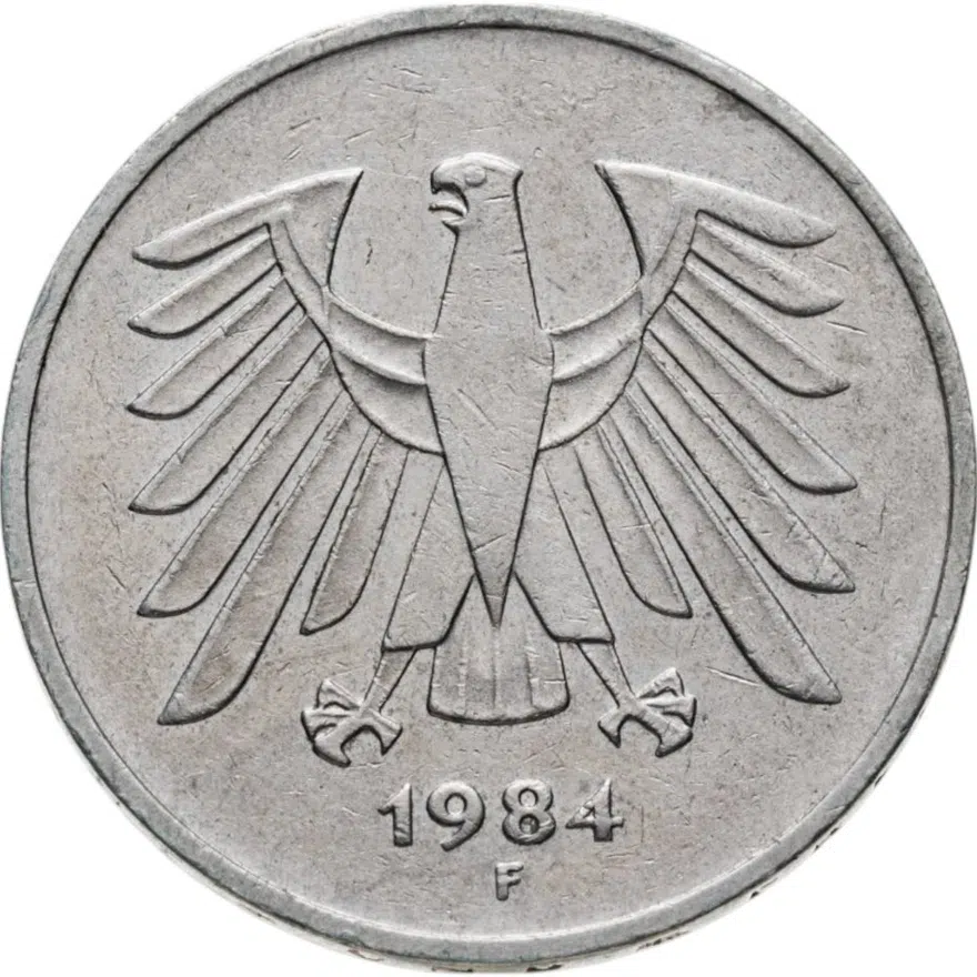 Германия 5 марок 1984 отметка монетного двора "F" - Штутгарт, реверс