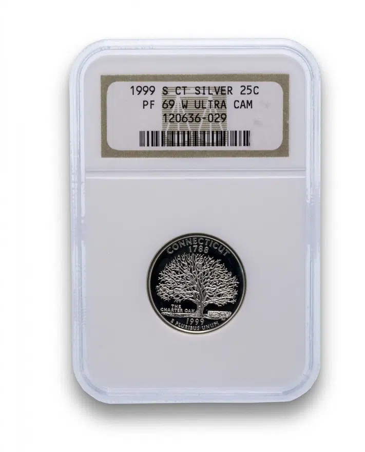 США 25 центов (квотер, 1/4 доллара, quarter dollar) 1999  Коннектикут в слабе NGC PF69 UCAM, аверс