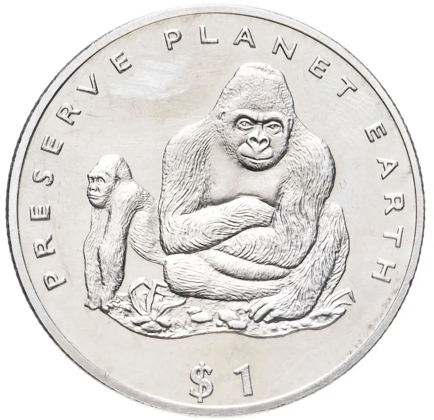 Либерия 1 доллар (dollar) 1994  Сохраним планету Земля - Горилла, аверс