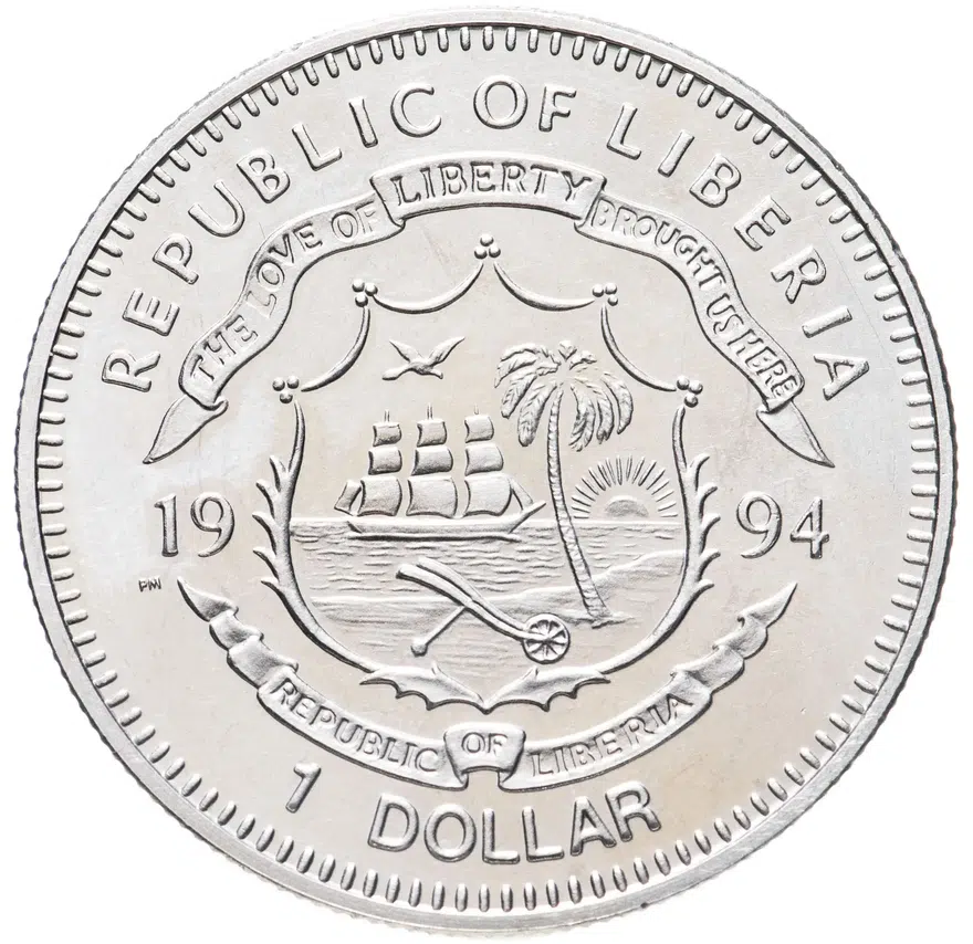 Либерия 1 доллар (dollar) 1994  Сохраним планету Земля - Горилла, реверс