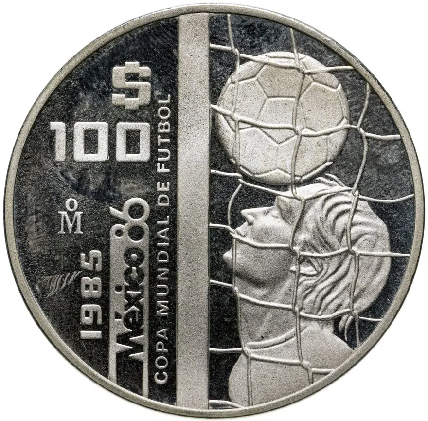 Мексика 100 песо (pesos) 1985 Чемпионат мира по футболу 1986 - Мяч в сетке, аверс