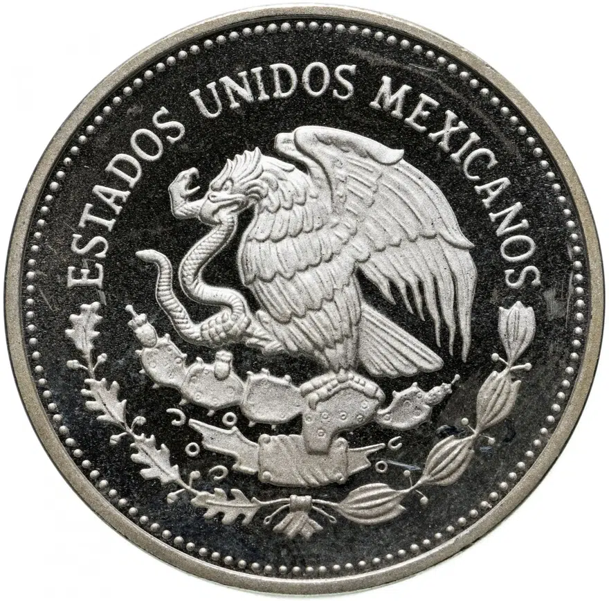 Мексика 100 песо (pesos) 1985 Чемпионат мира по футболу 1986 - Мяч в сетке, реверс