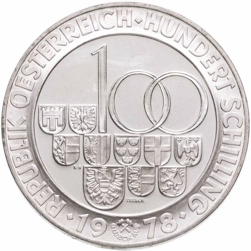Австрия 100 шиллингов 1978 "Открытие Арльбергского тоннеля", реверс