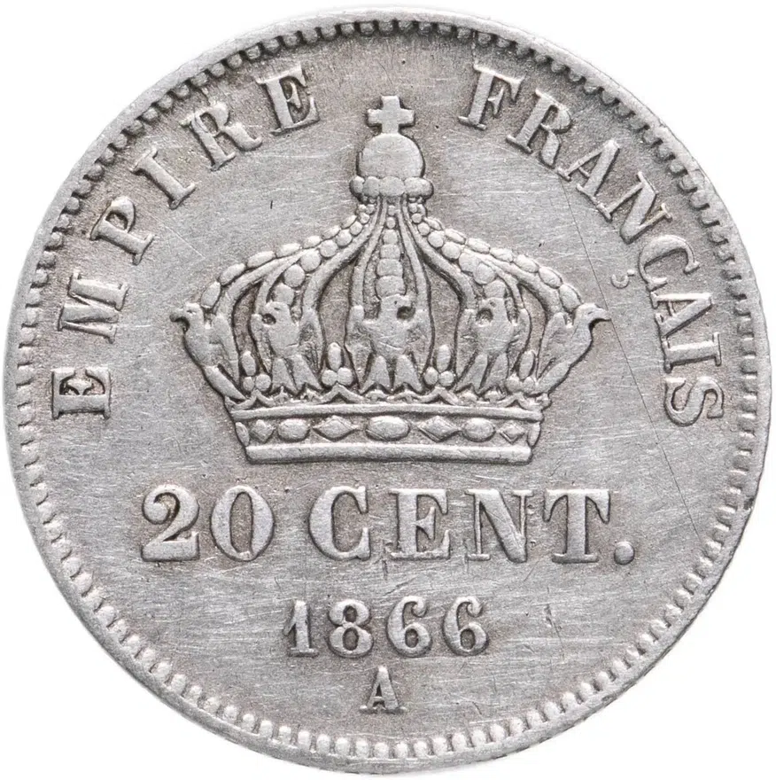 Франция 20 сантимов (centimes) 1866 A  знак монетного двора: "A" - Париж
