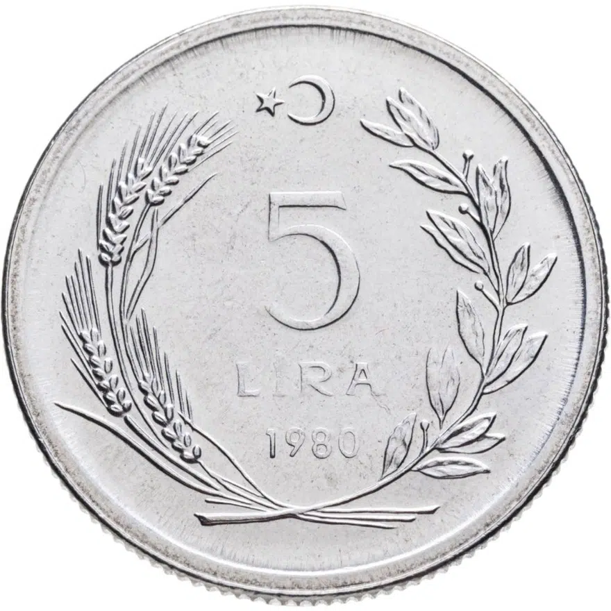 Турция 5 лир (lira) 1980  ФАО - Рыбный промысел, реверс